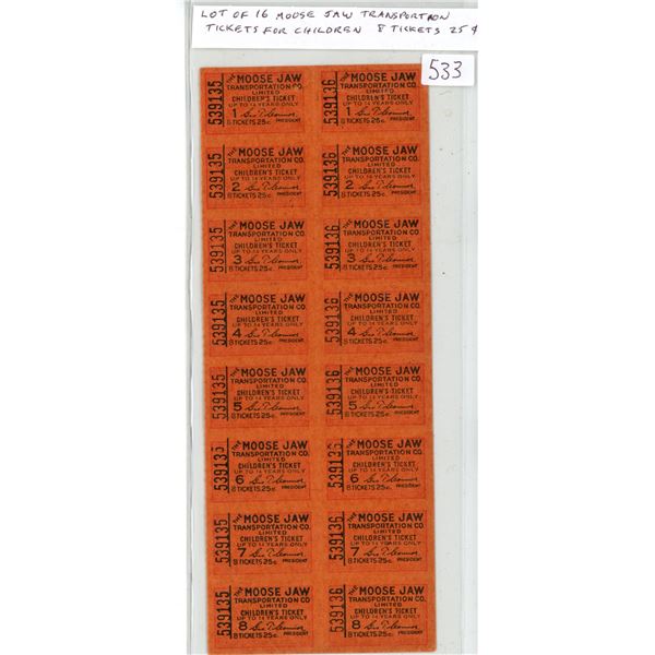 Lot of 16 Moose Jaw Transportation Co. Children’s Bus Tickets. 8 Tickets for 25 Cents. 14 are Unc, w