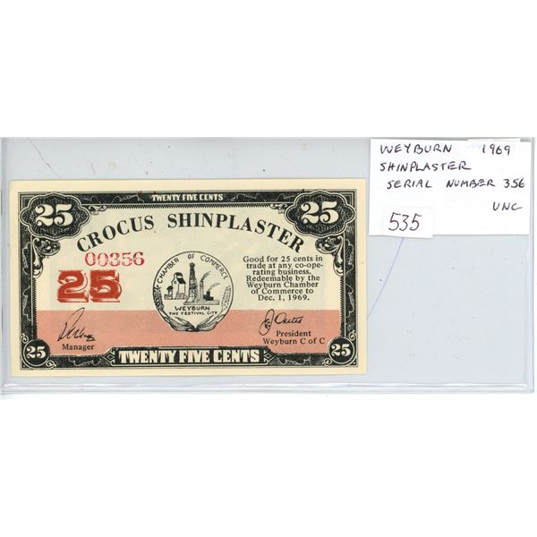 Weyburn, Saskatchewan 1969 Crocus Shinplaster. Serial Number 00356. Unc.