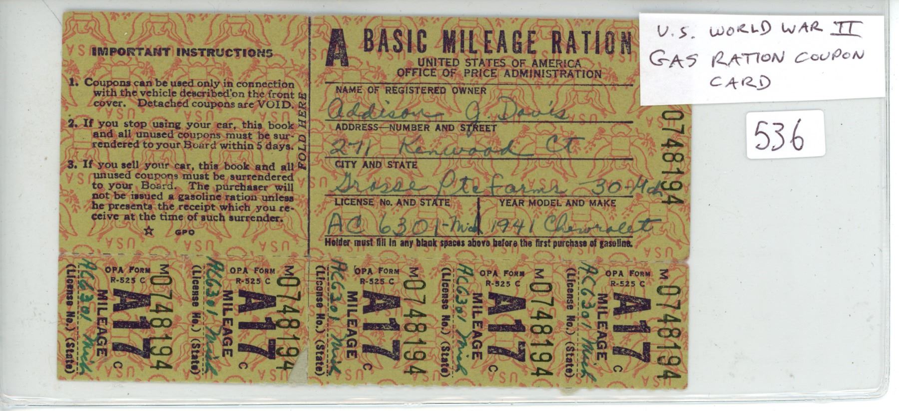 U.S. World War II Gas Ration Coupon Card with 6 coupons still attached ...