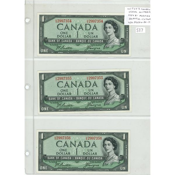 Lot of 3 Consecutive Serial Number 1954 Modified Portrait $1 notes. Beattie-Coyne signatures. U/A Pr