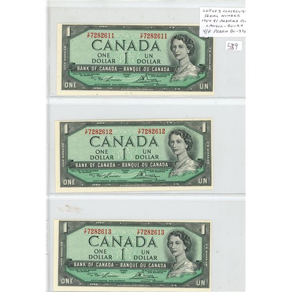 Lot of 3 Consecutive Serial Number 1954 Modified Portrait $1 notes. Lawson-Bouey signatures. Y/F Pre