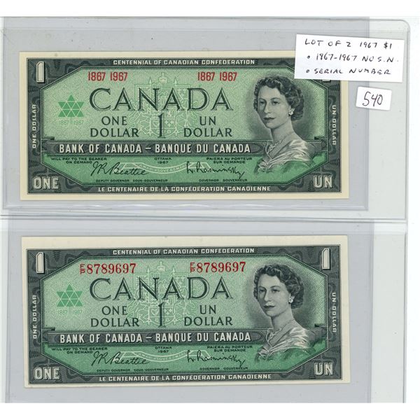Lot of 2 1967 $1 notes. One with no Serial Numbers (1867 – 1967), the other with F/P Prefix and Seri