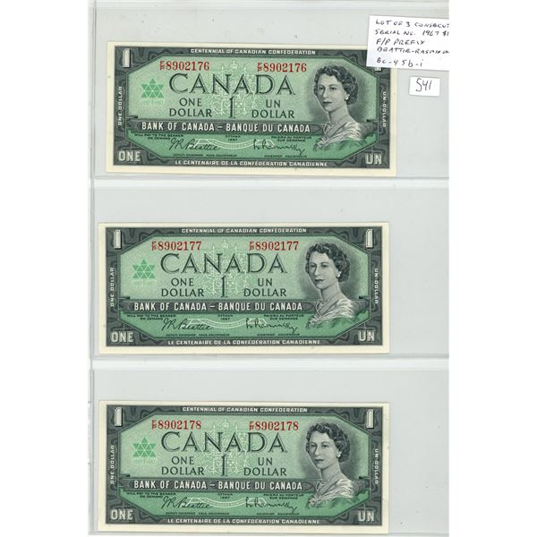 Lot of 3 Consecutive Serial Number 1967 $1 notes. F/P Prefix. Serial Numbers 8902176, 8902177 & 8902