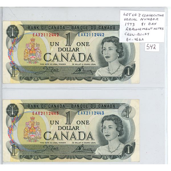 Lot of 2 Consecutive Serial Number 1973 $1 Replacement Notes. Crow-Bouey signatures. EAX Replacement