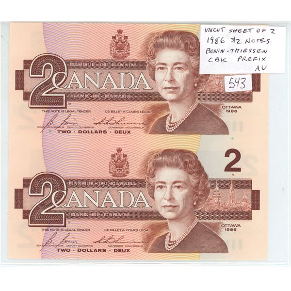 Uncut Sheet of 2 1986 $2 notes. Bonin-Thiessen signatures. DBK Prefix. Serial Numbers 7615152 & 7617