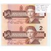 Image 1 : Uncut Sheet of 2 1986 $2 notes. Bonin-Thiessen signatures. DBK Prefix. Serial Numbers 7615152 & 7617