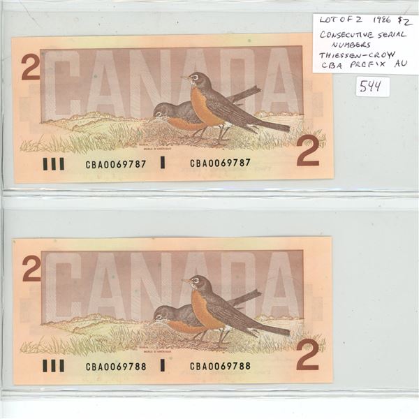 Lot of 2 Consecutive Serial Number 1986 $2 notes. Thiessen-Crow signatures. CBA Prefix. Serial Numbe
