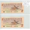 Image 1 : Lot of 2 Consecutive Serial Number 1986 $2 notes. Thiessen-Crow signatures. CBA Prefix. Serial Numbe