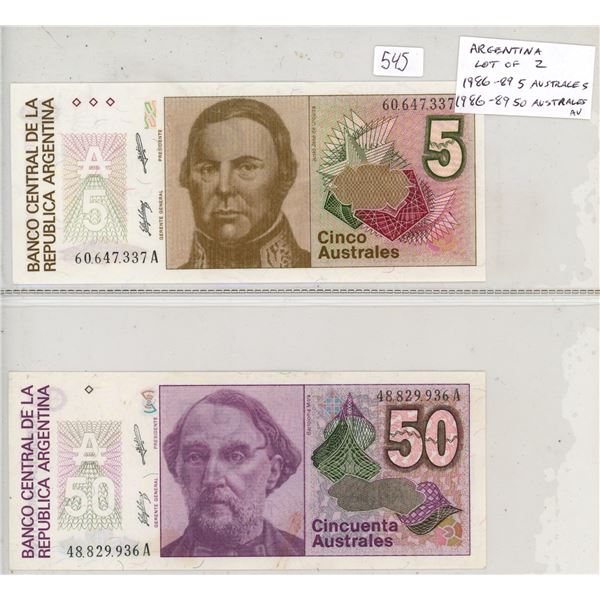 Argentina. Lot of 2 notes: 1986-1989 5 Australes & 1986-1989 50 Australes. AU.
