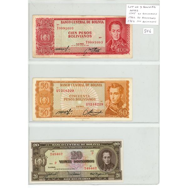 Bolivia. Lot of 3 notes. 1945 20 Bolivianos, 1962 50 Bolivianos & 1962 100 Bolivianos.