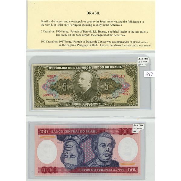 Brazil. Lot of 2 notes. 1964 5 Cruzeiros & 1978 100 Cruzeiros.