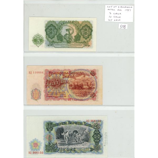 Bulgaria. Lot of 3 notes. Dated 1951, they include 3 Leva, 10 Leva & 25 Leva. First notes issued by 