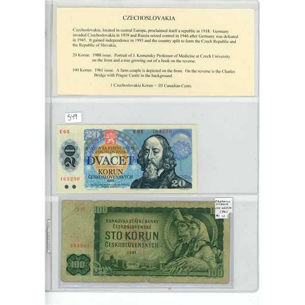 Czechoslovakia. Lot of 2 notes. 1988 20 Korun & 1961 100 Korun.