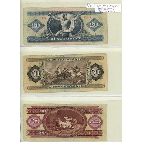 Hungary. Lot of 3 notes. Includes 1980 20 Forint, 1975 50 Forint & 1980 100 Forint. The style of the