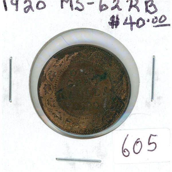 1920 Canadian Large Cent. The last large cent issued. MS-62 Red & Brown.