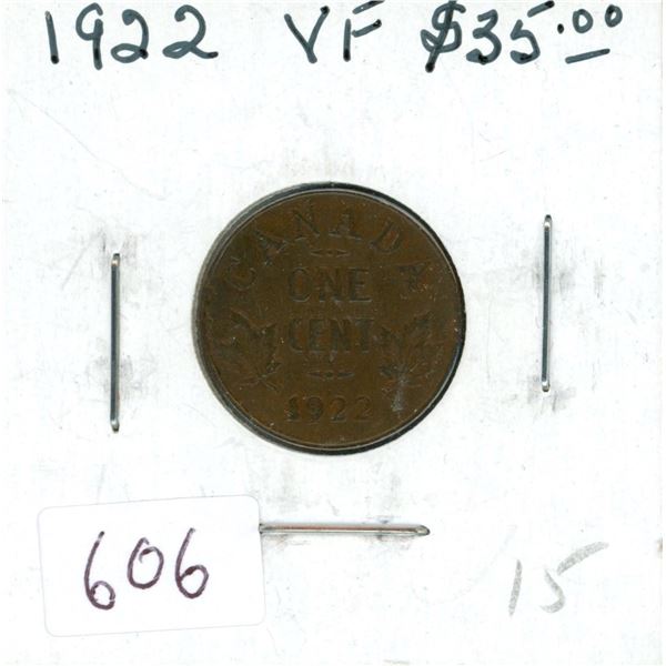 1922 Canadian Small Cent. Key Date. VF-20.