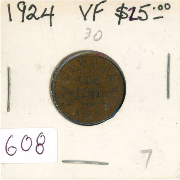 1924 Canadian Small Cent. Key Date. VF-30.