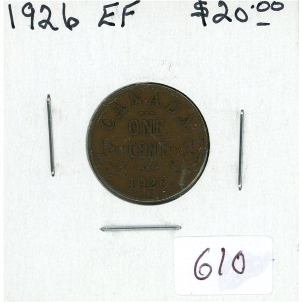 1926 Canadian Small Cent. Key Date. EF-40.