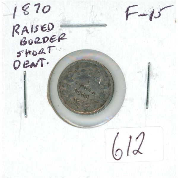 1870 Raised Border Silver 5 Cents. Short Denticles. F-15.