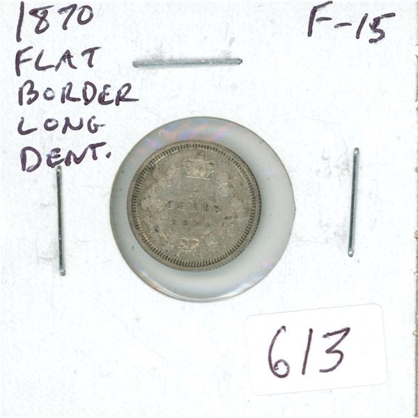 1870 Flat Border Silver 5 Cents. Long Denticles. F-15.