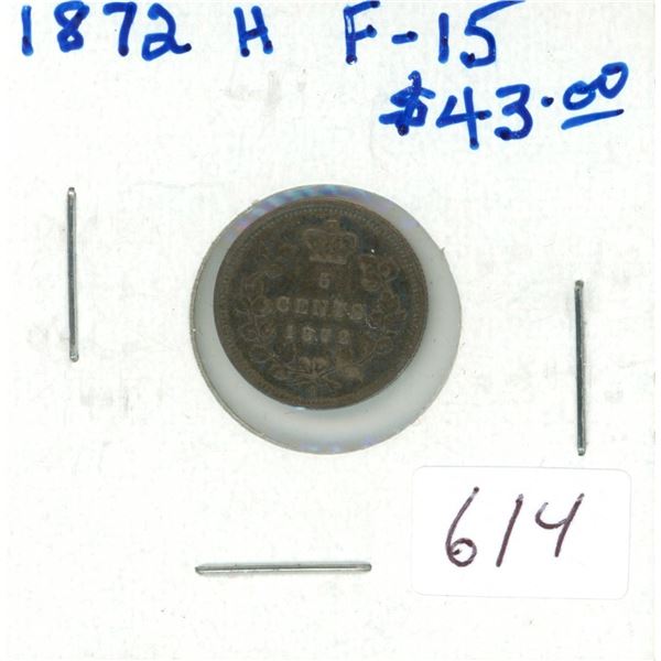 1872H Silver 5 Cents. Heaton Mint. F-15.
