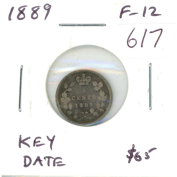 1889 Victorian Silver 5 Cents. F-12. Key Date.