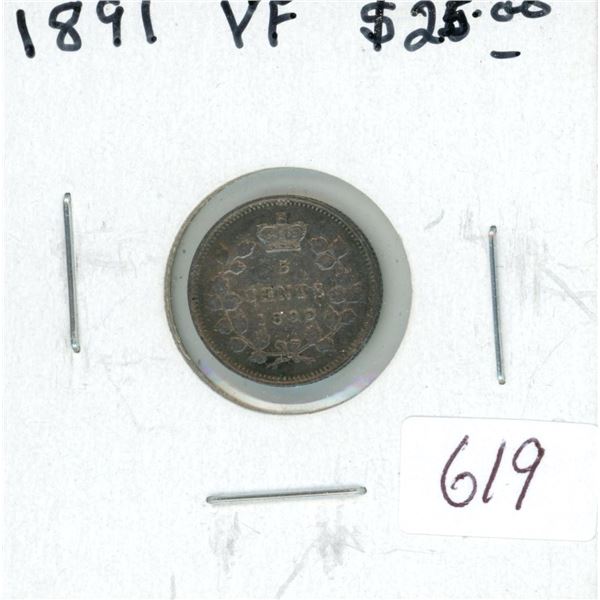 1891 Victorian Silver 5 Cents. VF-20.