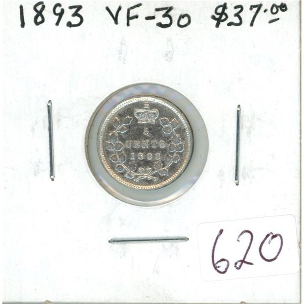 1893 Victorian Silver 5 Cents. VF-30.