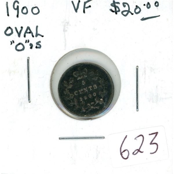 1900 Oval 0 Silver 5 Cents. VF-20. Key Date.
