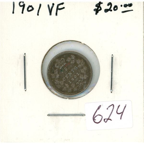 1901 Victorian Silver 5 Cents. The last silver 5 cents issued for Queen Victoria. VF-20.