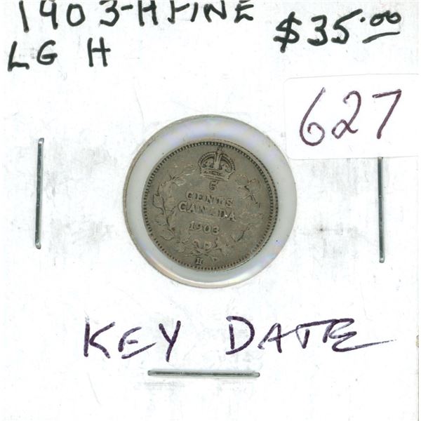 1903H Small H Silver 5 Cents. F-12. Key Date.