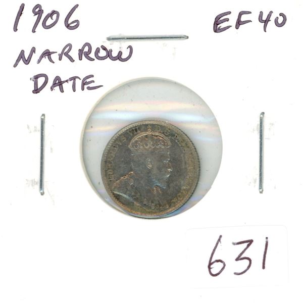 1906 Narrow Date Silver 5 Cents. EF-40.