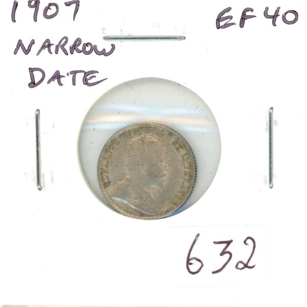 1907 Narrow Date Silver 5 Cents. EF-40.