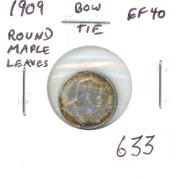 1909 Round Maple Leaves Bow Tie Silver 5 Cents. EF-40. Nicely Toned.