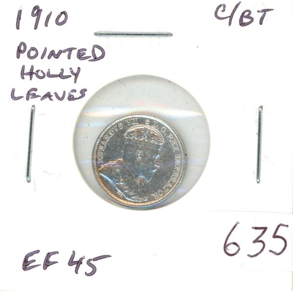 1910 Pointed Holly Leaves Cross/Bow Tie Silver 5 Cents. EF-45. Nice.