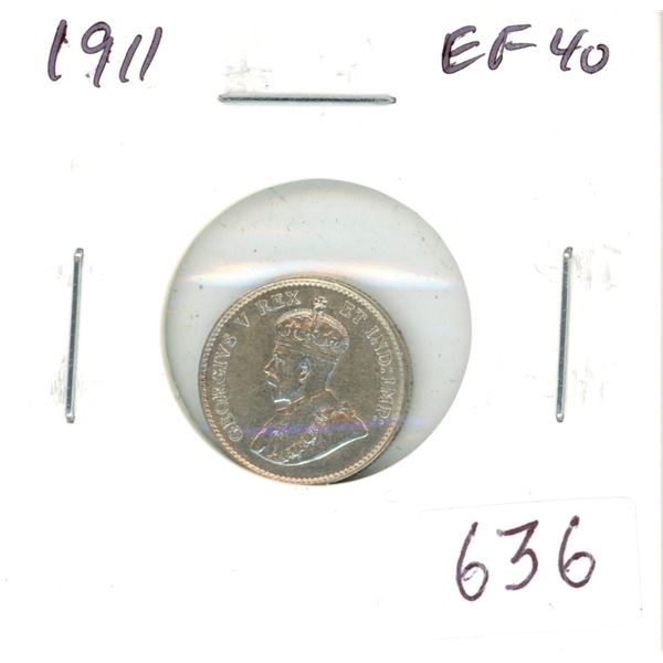 1911 Silver 5 Cents. First silver 5 cents issued for King George V. EF-40.