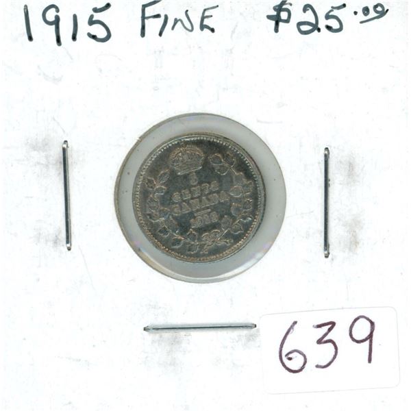 1915 Silver 5 Cents. World War I issue. Key Date. F-12.