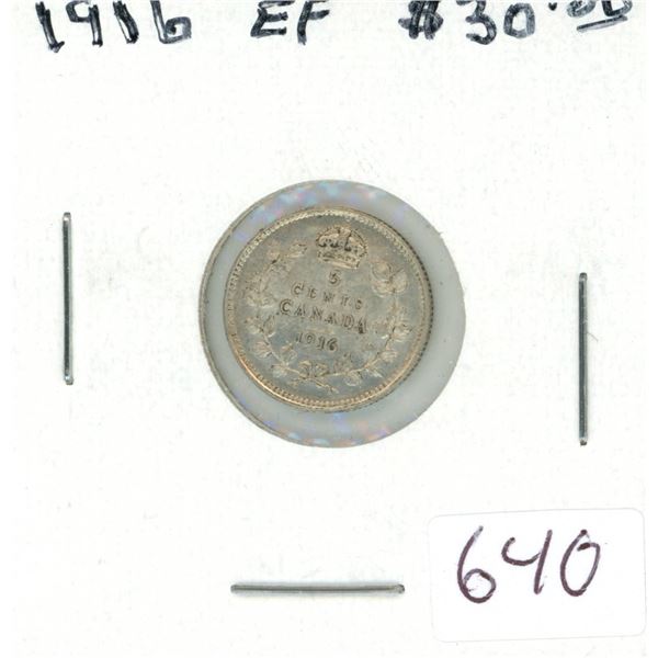 1916 Silver 5 Cents. World War I issue. EF-40.