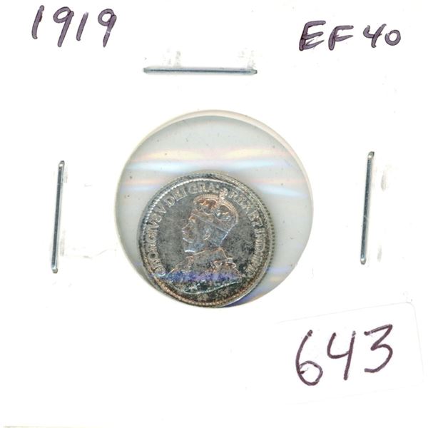 1919 Silver 5 Cents. EF-40.