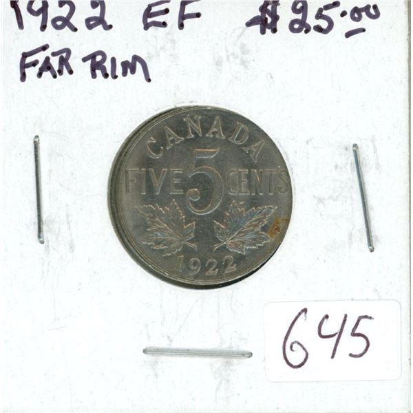 1922 Far Rim Nickel 5 Cents. S is Far from Rim. EF-40. Nice.