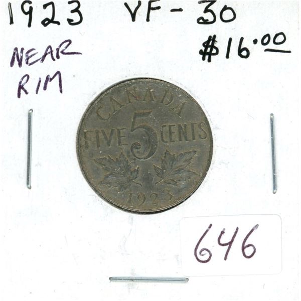 1923 Near Rim Nickel 5 Cents. S is Near Rim. VF-30. Nice.
