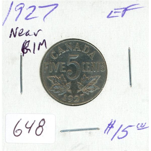 1927 Near Rim Nickel 5 Cents. S is Near Rim. EF-40. Nice.