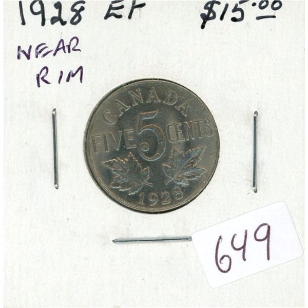 1928 Near Rim Nickel 5 Cents. S is Near Rim. EF-40. Nice.
