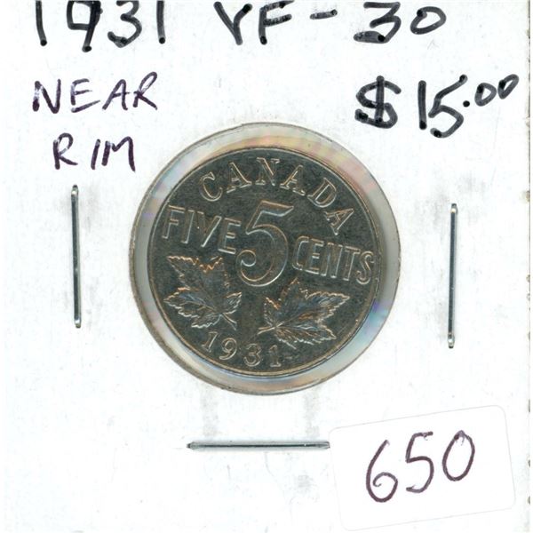 1931 Near Rim Nickel 5 Cents. S is Near Rim. VF-30. Nice.