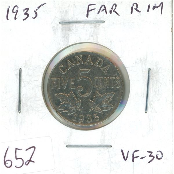 1935 Far Rim Nickel 5 Cents. S is Far from Rim. VF-30. Nice.