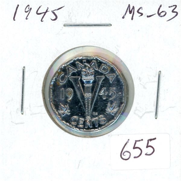 1945 5 Cents. Last year of World War II. MS-63. Nice.