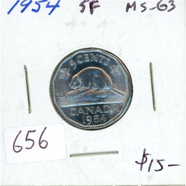 1954 Shoulder Fold Nickel 5 Cents. MS-63. Nice.
