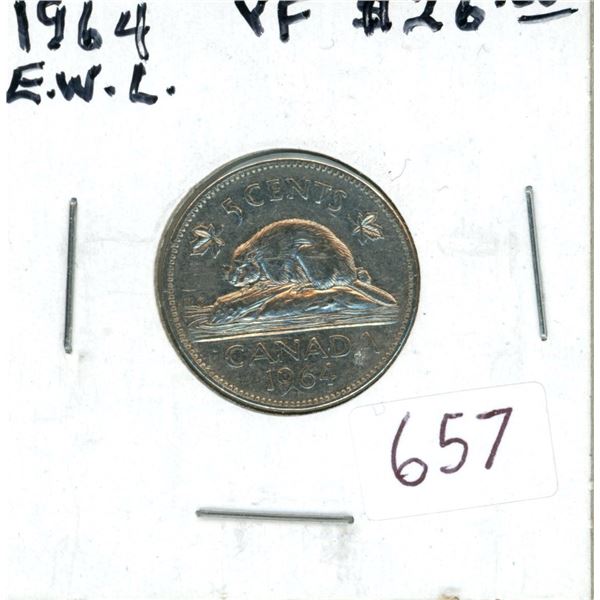 1964 Extra Water Line Nickel 5 Cents. Scarce. VF-20.