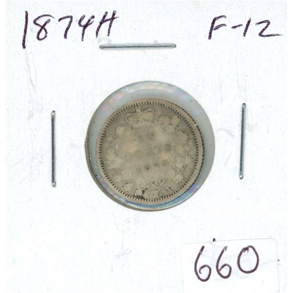 1874H Victorian Silver 10 Cents. Heaton Mint. F-12.