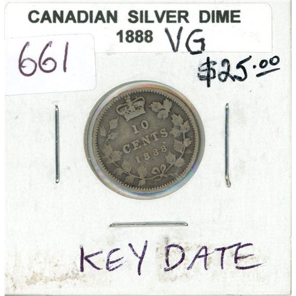 1888 Victorian Silver 10 Cents. VG-8. Key Date.